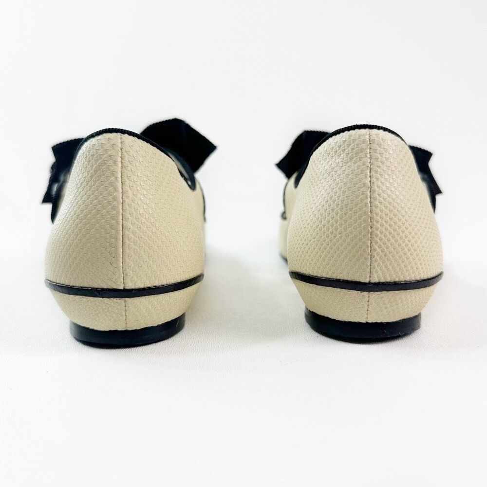 CHANEL Beige Black Cap Toe Leather CC Logo Ballet Flats Size 38.5 Mary Jane Bow - Picture 10 of 16